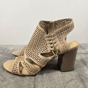 Vince Camuto Brindita Tan Laser Cut Leather Block Heel Sandals Womens 8.5 M 39